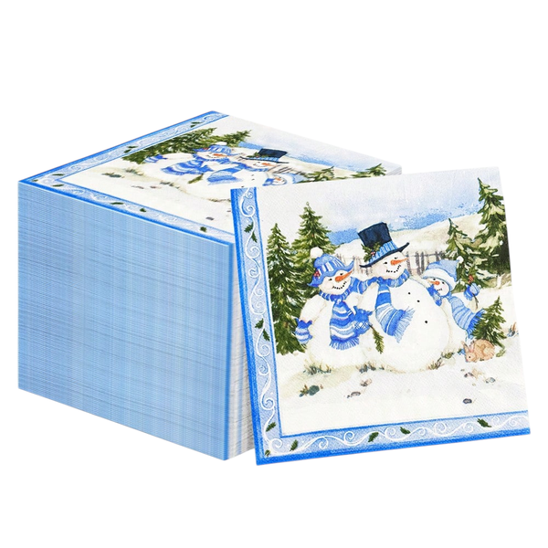 100 Piece - Festive Snowman Paper Serviettes - Blue