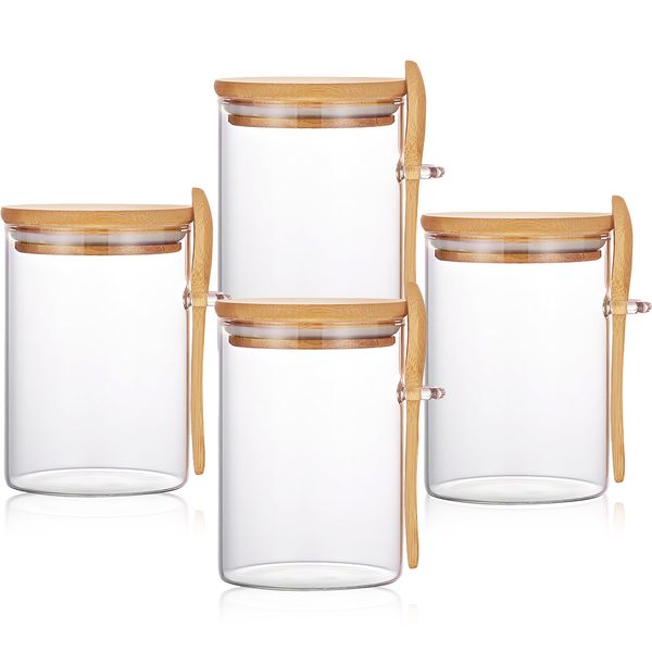 16oz Glass Overnight Oats Containers with Bamboo Lids and Spoon 4 Pack