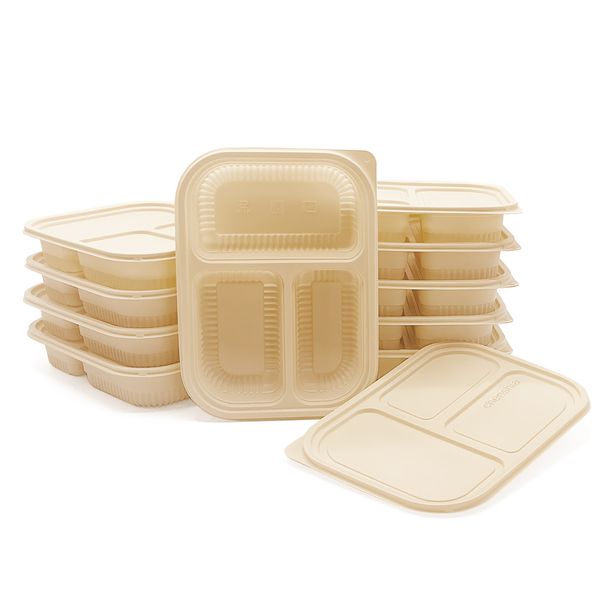 10 Piece Biodegradable Meal Prep Containers 3 Compartment &amp; Lids Portion Control