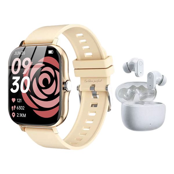 GoldenPerfect Women's Smartwatch Premium White Bluetooth Earbuds Gift Set