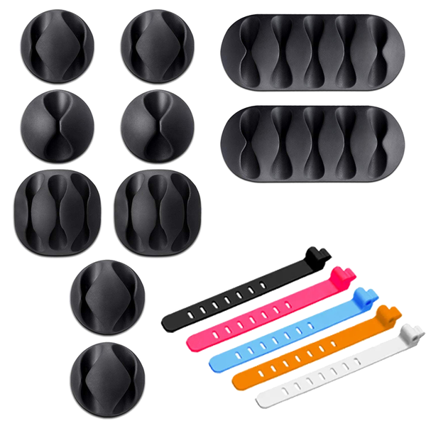 Set of 15 Cable Clips &amp; Adjustable Ties Multi Purpose &amp; Self Adhesive-Black
