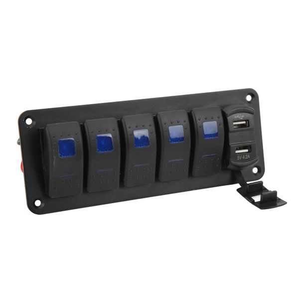 5 Gang Rocker Switch Panel USB Charger Volt Blue Backlit