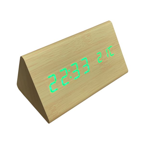 Wood Style Natural Wood Triangular Digital Green LED Clock (MT1905-NW-G)