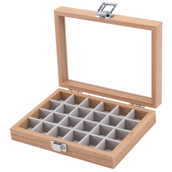 Portable 24 Grid Wood Rings Jewelry Display Storage Box with Cover