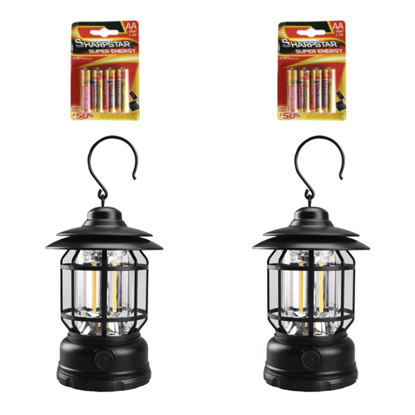 Vintage Battery Operated Camping Lantern with 8 x AA Batteries - 2 Pack