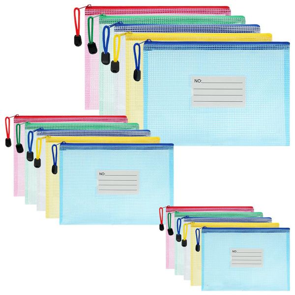 A3/A4/A5 Zipper File Bags, 15Pcs Mesh Plastic Document Wallets