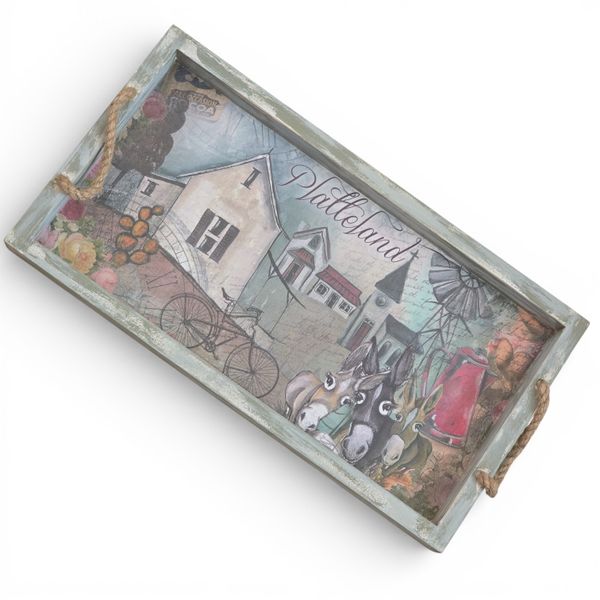 Rustic Platteland Wooden Tray with Rope Handles - 44cm Wide