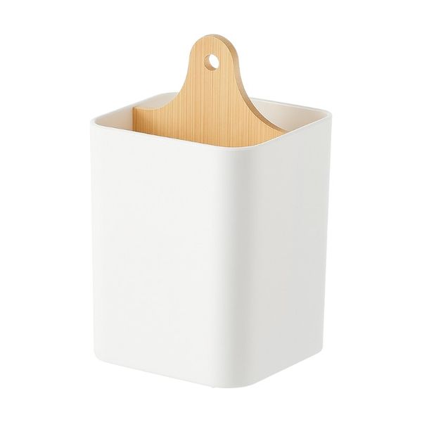 Modern Desktop Storage Caddy with Bamboo Handle - White