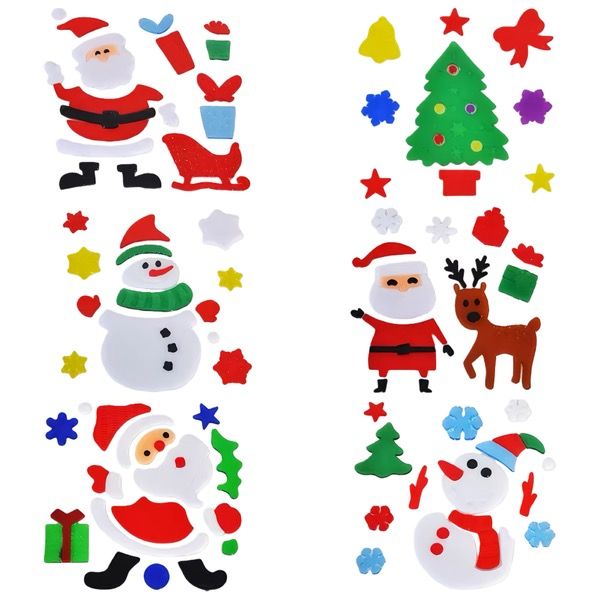 6-Pack Christmas Clings - Reusable Gel Stickers, Santa Snowman Tree Decor
