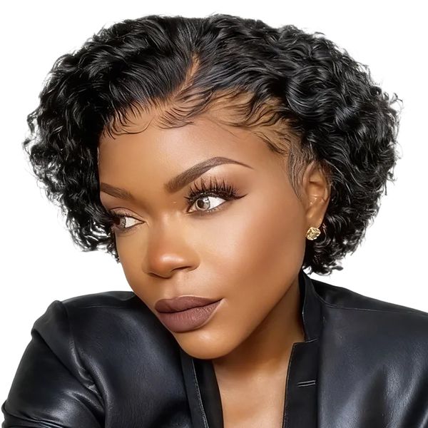 Geebuy Pixie Cut Wig 13x1-Wea&amp;Go Front Wig 6Inch bob Curly Wig