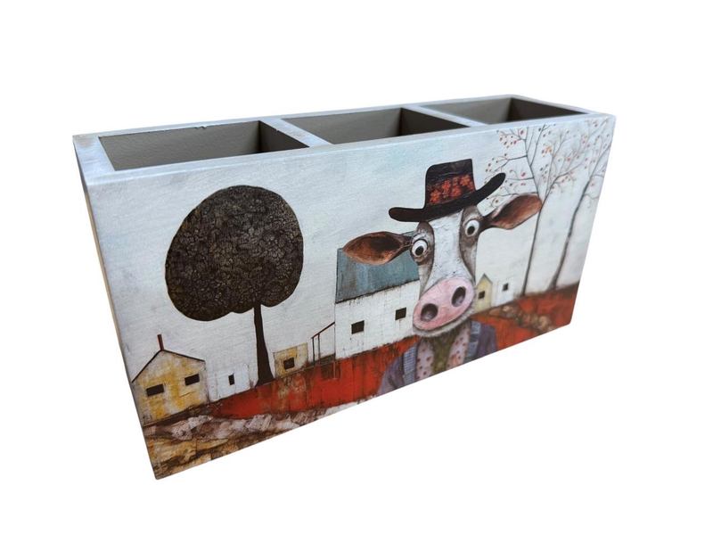 Cutlery/Stationary Holder - Big-Eye Cow with Red Field &amp; White Farm House