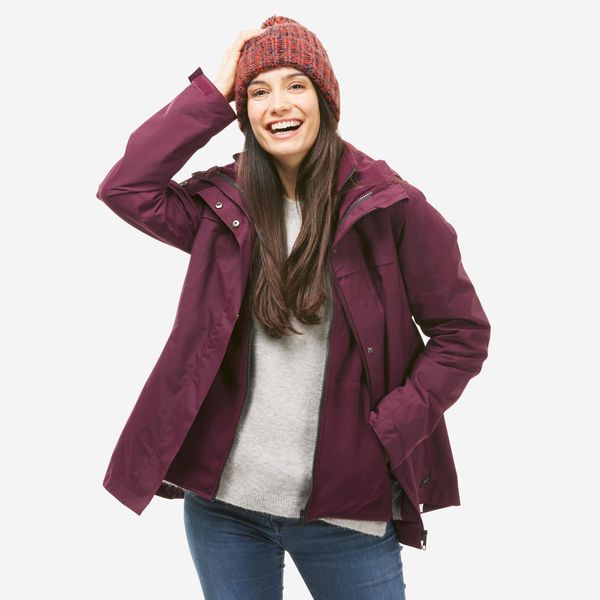 Forclaz Women's Waterproof 3in1 Travel Trekking Jacket - Travel 100 0 - Burgundy