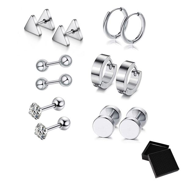6pairs- 316Stainless Steel Silver Stylish Zirconia Earrings Set