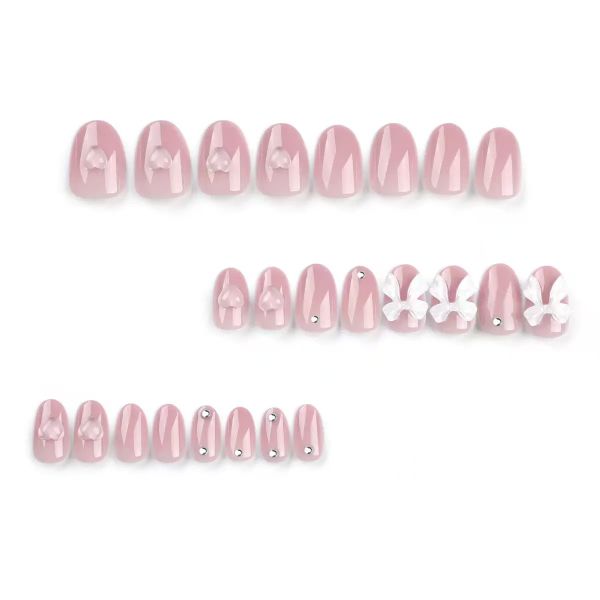 Pink Press on Short Square Fake Nails with 3D Bow Charms Design