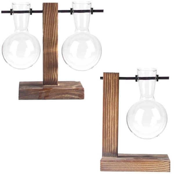 Decor Hydroponic Terrarium Glass Vase Planters With Wooden Stands Set of 2
