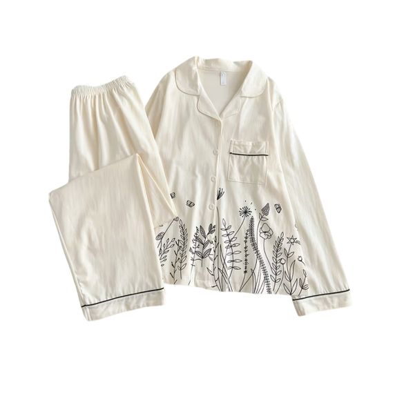 Women's Cotton Pajama Set - Long Sleeve Top and Long Pants