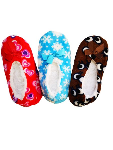 Ladies Fluffy Indoor Slippers - 3 Pack - Red, Blue, Brown Random Designs