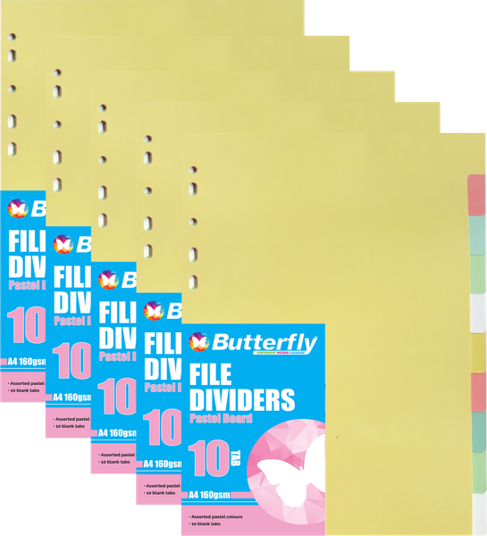 Butterfly Board File Dividers - A4 160Gsm Pastel - 10 Tab X5