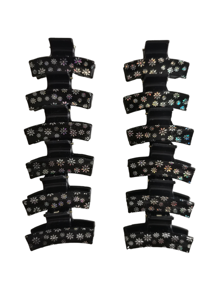 Blk Rectangle Flower Print Jaw Grip - 4.5 cm - 12 Piece