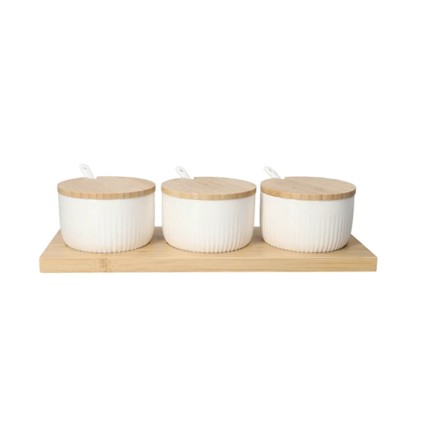 3-Piece Ceramic Condiment Jar Set with Bamboo Lids, Spoons &amp; Tray - Spice