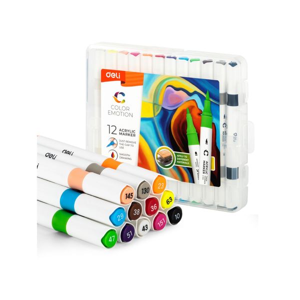 Deli Acrylic Marker Dual Tip 12 colours With Carry Box Art