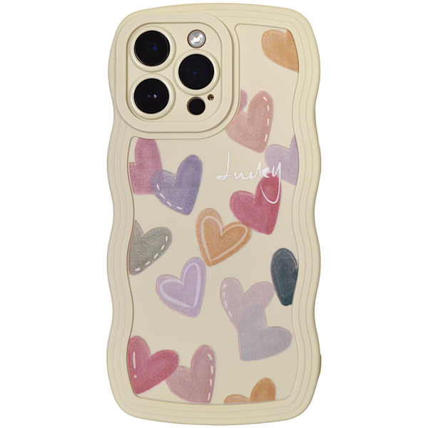 Beige - Phone Case with Wavy Edge &amp; Pastel Hearts - Iphone 14 Pro Max