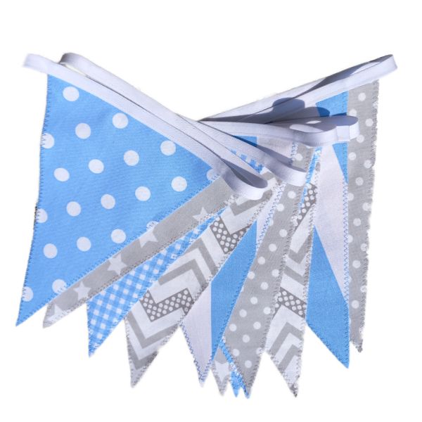 Bunting/Flags/Banner Grey - Light Blue Stars - Dots - Zig Zag - Stripes - Check