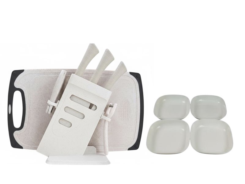 Knives, Chopping Board, and Prep Bowl Set with Stand - 7-Piece
