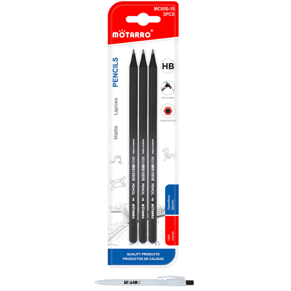 3Pcs High Quality Super Durable Sleek Black HB Pencils Set With ReVibe Pen