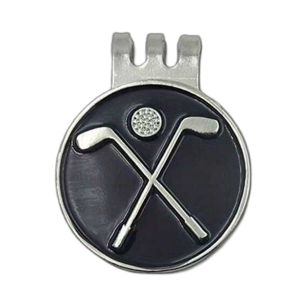 Magnetic Hat Clip with Removable Ball Marker - 2 Golf Clubs &amp; Ball on Black