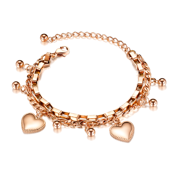 Rose Gold Ladies Heart and Ball Charm Bracelet