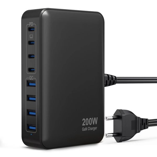 200W USB C Charger, GaN III 8-Port Fast Charger Charger Adapter - Black