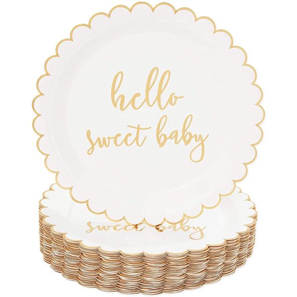 Topika-48Pack Hello Sweet Baby Shower Paper Plates, 9in Gold Foil Tableware