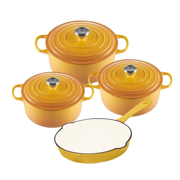 7 Piece Yellow Authentic Cast Iron Dutch Oven Cookware Pot Set