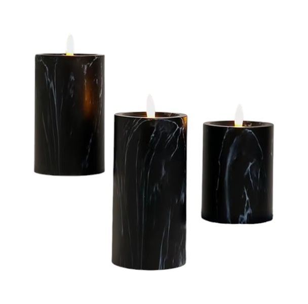 Set of 3 Marble Design LED Flameless Candles With Battery Operation - Black