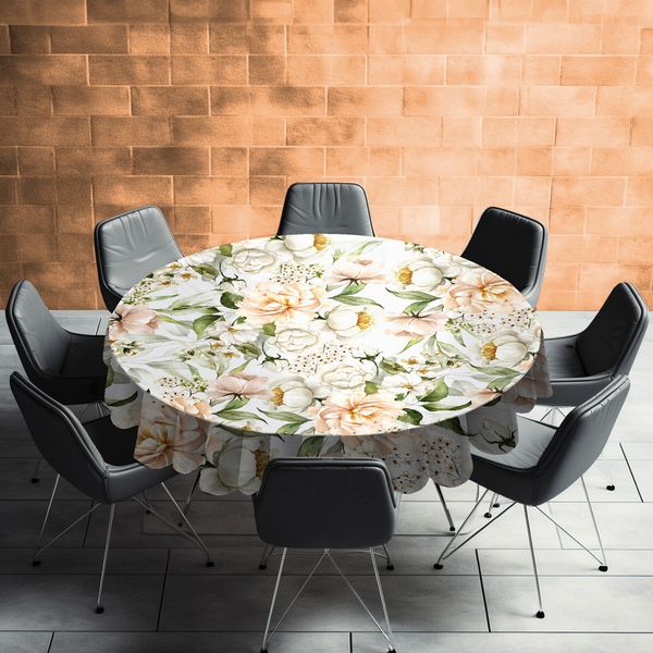 Painted Peach Penonies Round Tablecloth by Mark van Vuuren