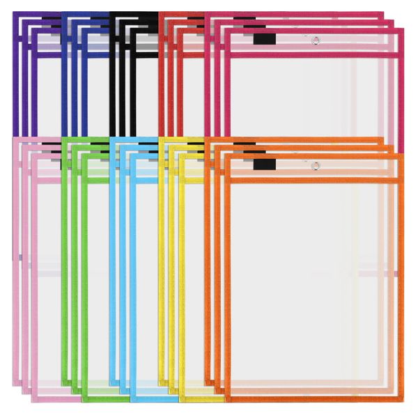 30 Pack Dry Erase Pockets PVC Transparent Sewn File Bag Reusable