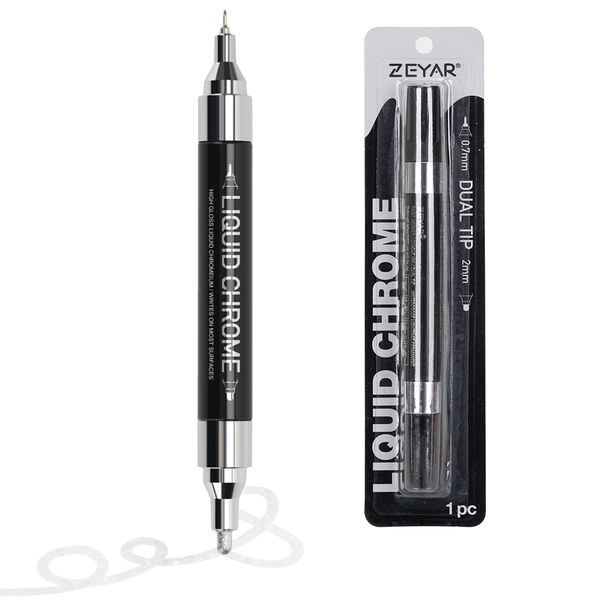 ZEYAR - Silver Liquid Chrome Metallic Marker, Double Tip (0.8mm &amp; 2.5mm)