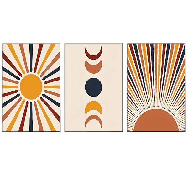 Canvas-Art-3 Pieces Sun &amp; Moon Mid Century Boho Abstract Wall Art