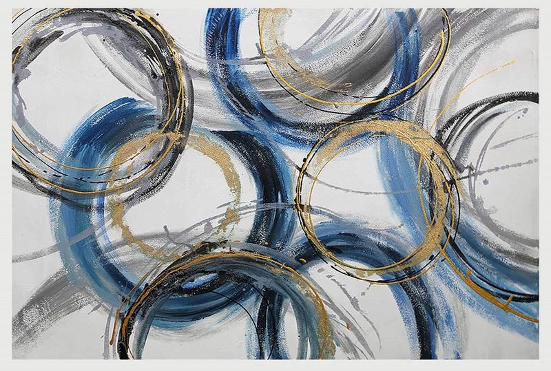 Canvas 120 cm Golden Blue Rings Abstract Wall Art
