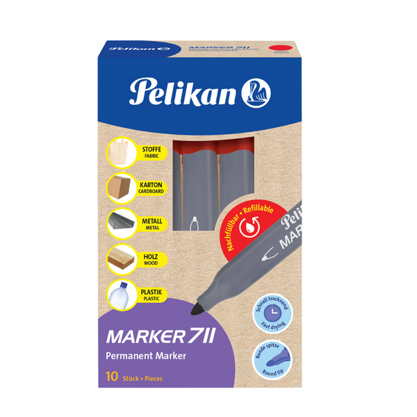 Pelikan 711 Permanent Markers - Red Ink, Waterproof, Refillable, 10-Pack