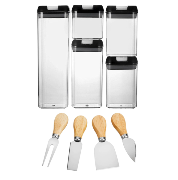 Combo Pack - 5 Piece Food Storage Container Set &amp; 4 PCS Cheese Knife Set