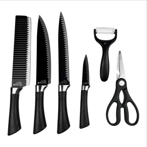 6 Pieces Kitchen Knife Set, Bread Knife, Scissor, Peeler - Black