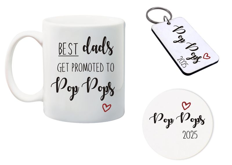 Best Dad's get promoted to Pop Pops Mug, Glass Coaster&amp;keyring gift Combo