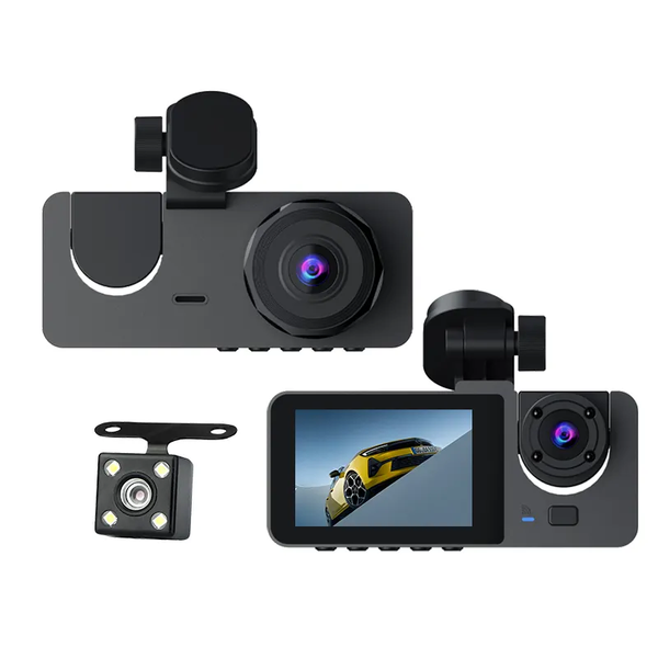 3-Channel 1080P FHD Car Dash Camera W/ Inside Front &amp; Rear Recording