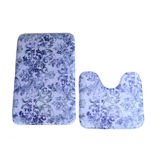 Cape Art Memory Foam 2 Piece Bath Mat Set Classic Blue Damask Distressed