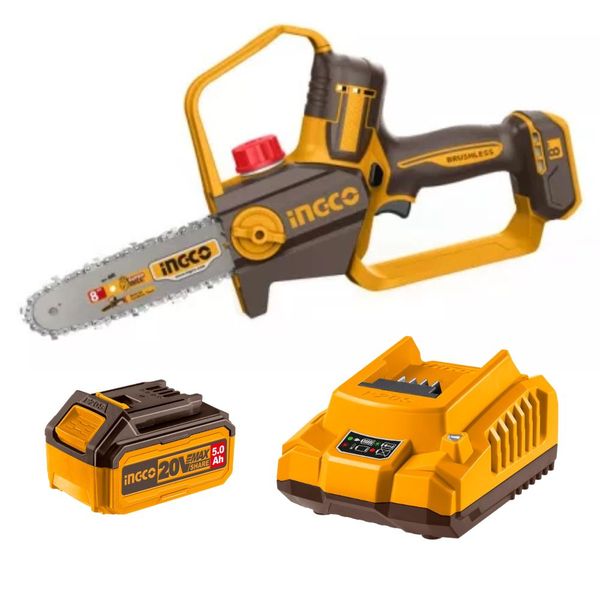 Ingco - Cordless Brushless Chainsaw (200mm) with 5.0Ah Battery &amp; Charger