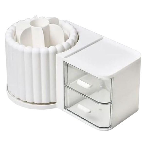Rotating Cosmetic Storage Box with Pen Holder - White