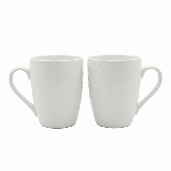 White Ceramic Coffee Mugs 2-Pieces: Textured Geometric