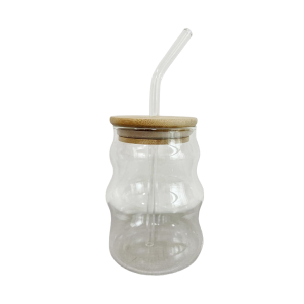 550ml Wavy Glass Tumbler with Bamboo Lid &amp; Straw-Aesthetic Iced Coffee Cup